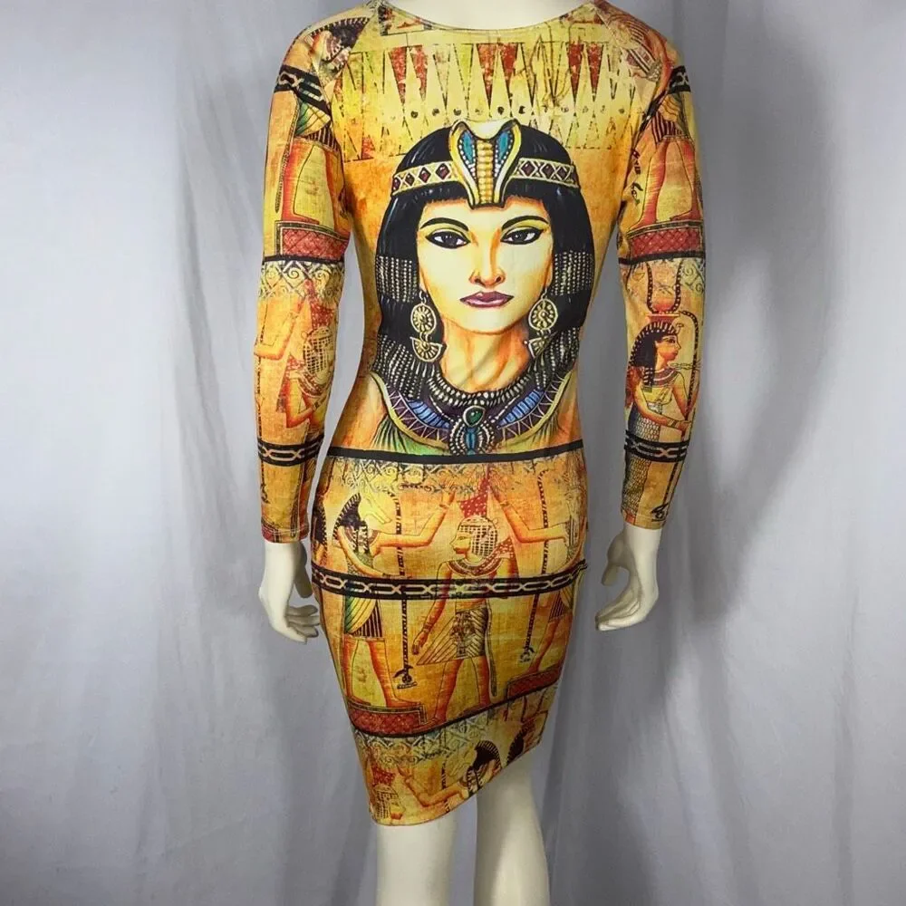 Cleopatra Egyptian Goddess Bodycon Dress | Good Time USA | Vintage Print Long Sl
